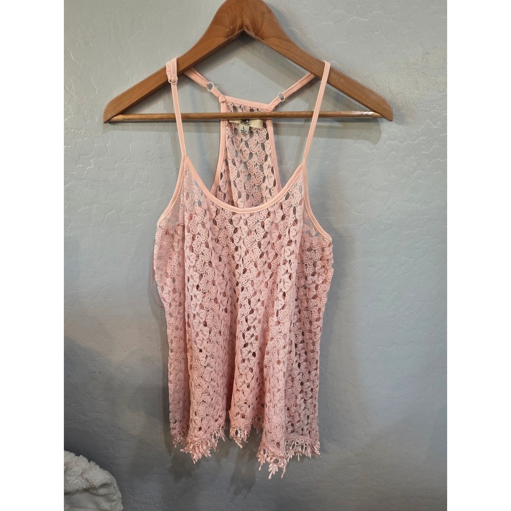 SO Los Angeles Pink‎ Lace Racerback Tank Top Sheer Crochet Fringe Hem L